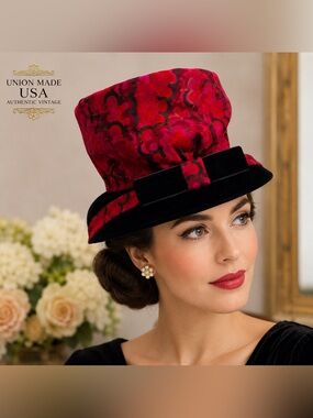 Rare Vintage Union Made USA Red Black Velvet  Retro Statement Church Bucket Hat
